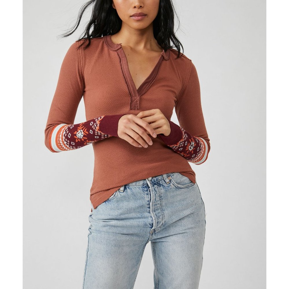 Free People Rust Brown Long Sleeve Henley with Patterned Cuffs